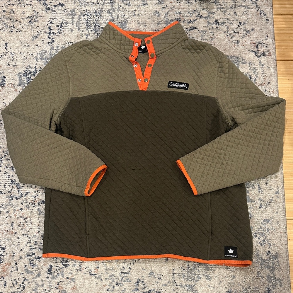 Men's Pullover Quilted Sweatshirt 3/4 snap - Olive and Orange